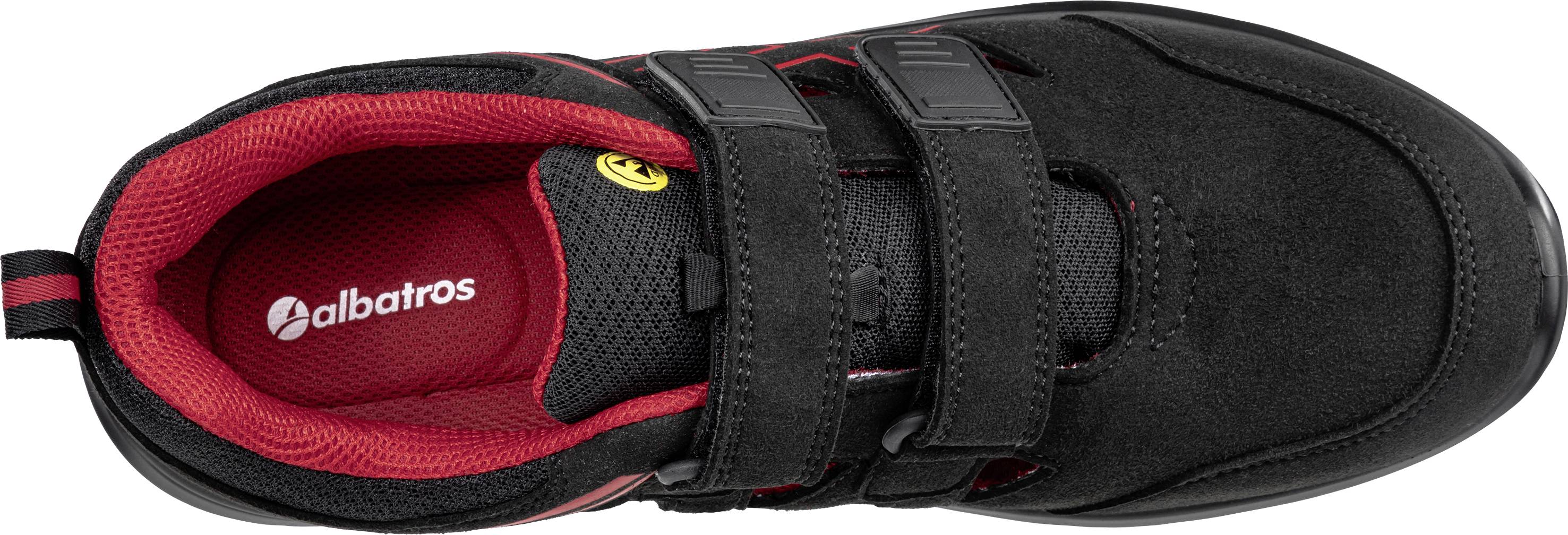 Black trainer with touch-fastening straps and red inner lining, viewed from above. 'Albatros' logo visible on the left.