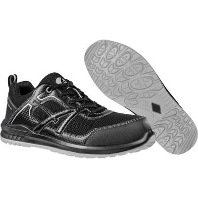Black, sporty safety shoe with a profiled sole, side logo application, and lace-up fastening, suitable for slippery surfaces.