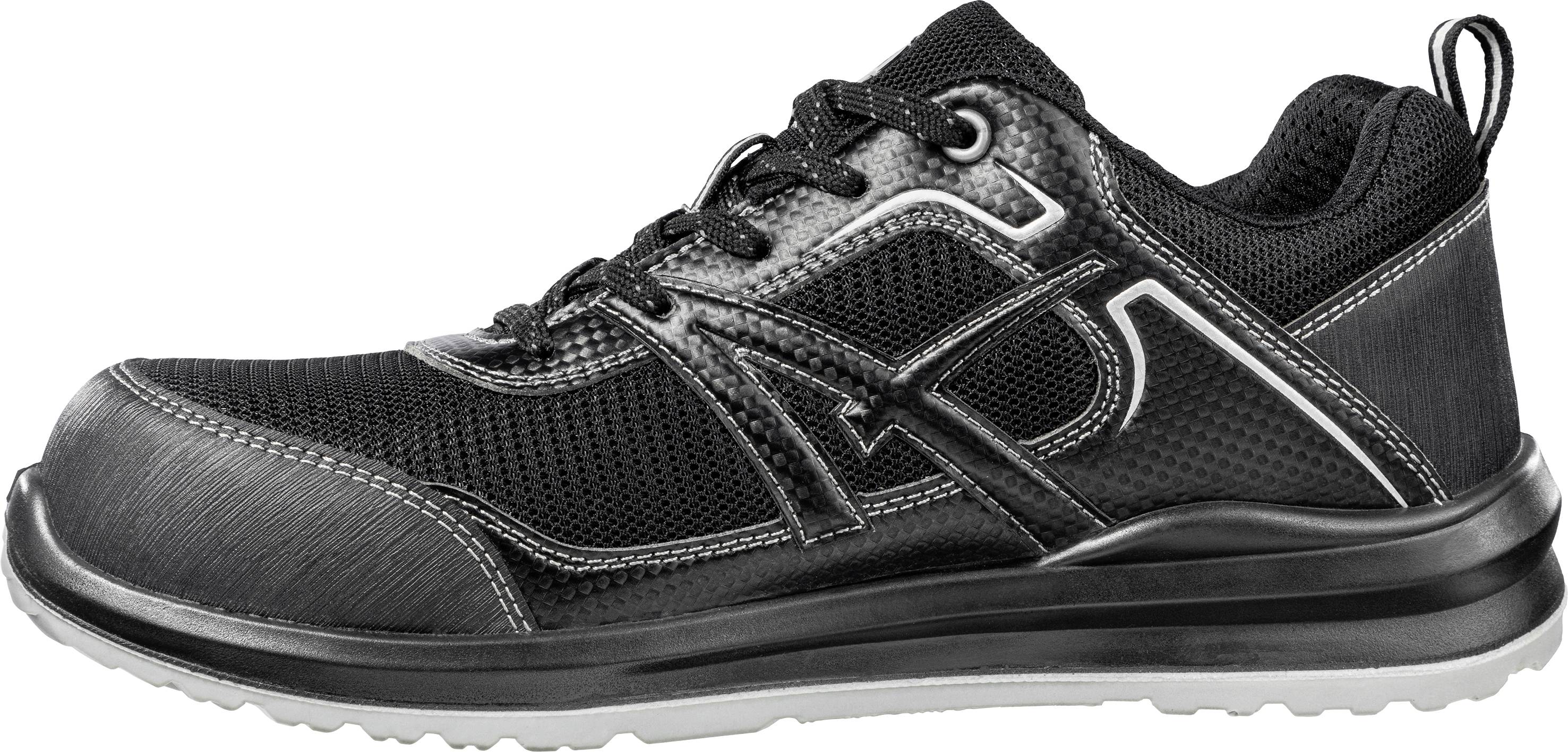 A black leather and mesh work shoe with reinforced toe cap and non-slip sole, shown from the side.