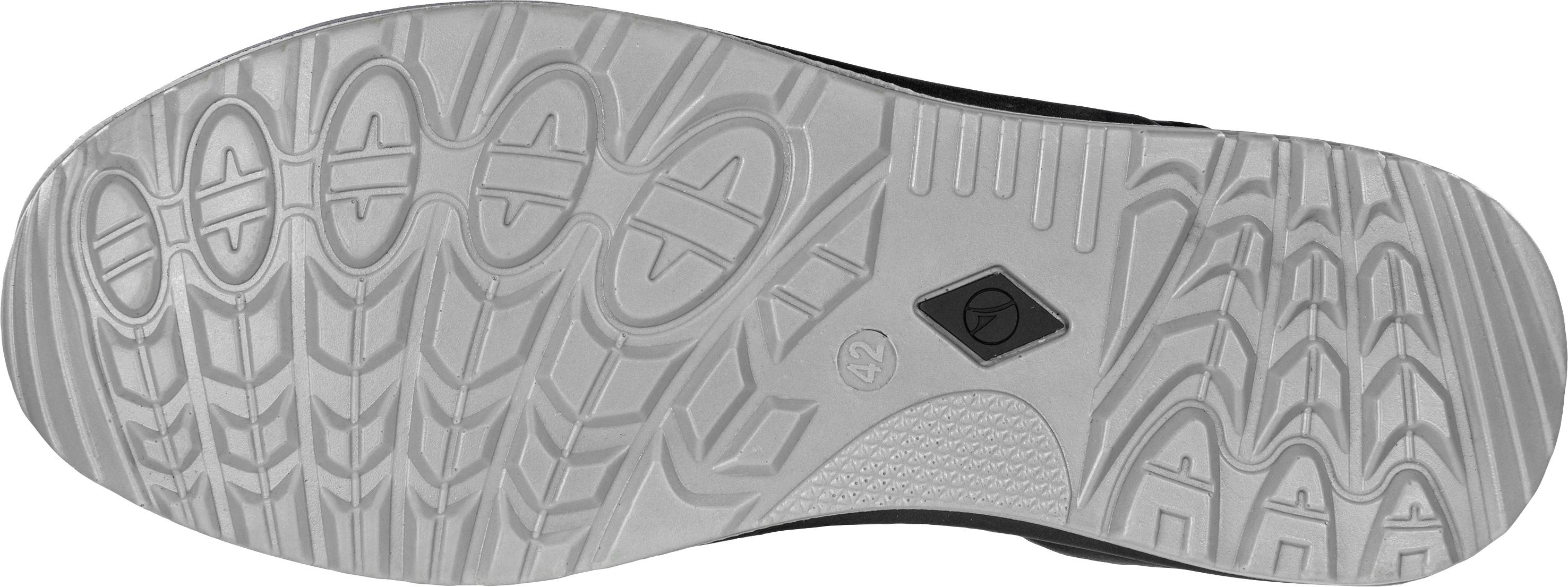 Grey shoe sole with non-slip tread, multiple patterns and a logo in the centre. Suitable for enhanced stability and grip.