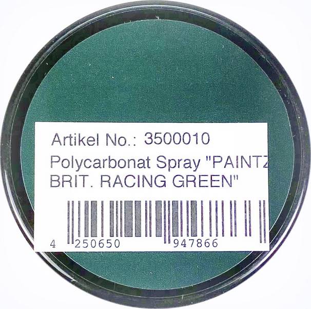Round spray can with label: 'Item No.: 3500010, Polycarbonate Spray "PAINT2", BRIT. RACING GREEN', showing barcode underneath.