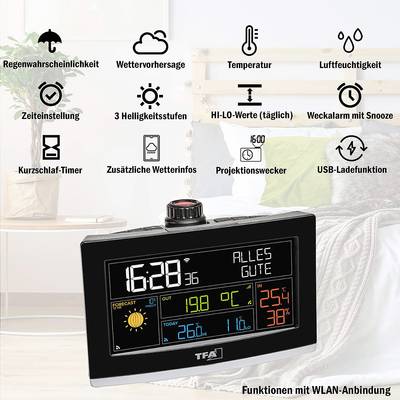 Multifunction alarm clock with Wi-Fi connectivity. Displays time, weather forecast, temperature, humidity, and additional information.