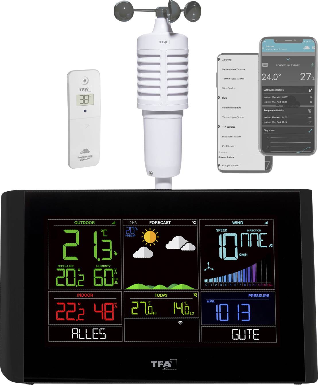 TFA Dostmann VIEW BREEZE 35.8001.01 Wi-Fi weather station Forecasts for 7 days (requires Wi-Fi) Max. number of sensors 5