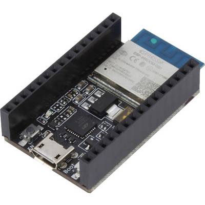 A microcontroller board with an ESP32 chip, USB port and pins for expansions. It supports wireless communication.