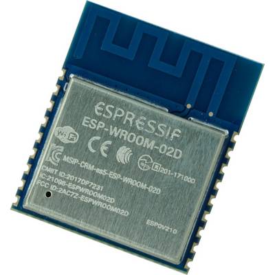 A blue microcontroller module, labelled with 'ESPRESSIF ESP-WROOM-02D', displays technical specifications and certifications.
