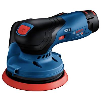 A handheld Bosch electric sander with a blue and red design, featuring ergonomic grips and control buttons for surface smoothening tasks.