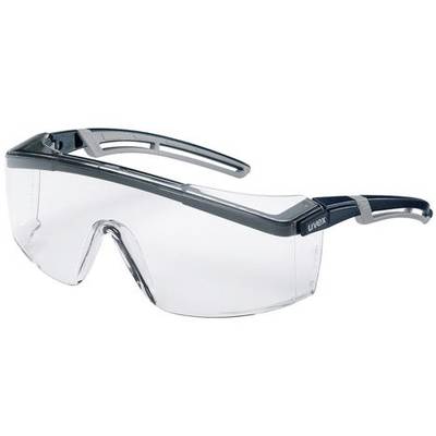 A clear safety spectacles with a black and grey frame. They provide comprehensive eye protection and are ideal for workplace environments.