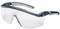 A clear safety spectacles with a black and grey frame. They provide comprehensive eye protection and are ideal for workplace environments.