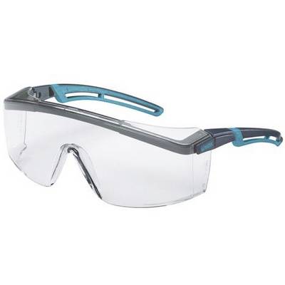 Safety glasses with clear lenses and a black frame, fitted with turquoise accents on the arms.
