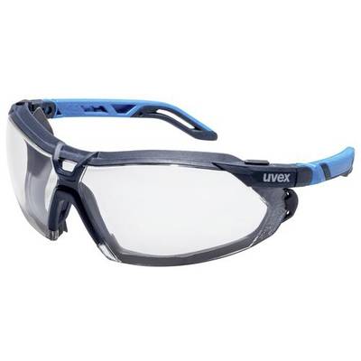 Safety glasses with clear lenses and a blue-black frame, suitable for use in industrial or workshop environments.