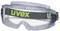 Safety goggles with a clear visor and grey strap, featuring 'uvex' written in green lettering. Designed for eye protection.