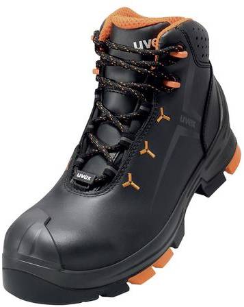 Black work shoe with orange accents, reinforced protective toe cap, high shaft, and non-slip sole.