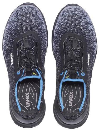 Two black sports shoes with blue accents on a white background. Brand name 'uvex' visible on the shoes.