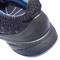 A black sports trainer with blue accents, focused on the heel, shows the sole tread and reinforced heel section.