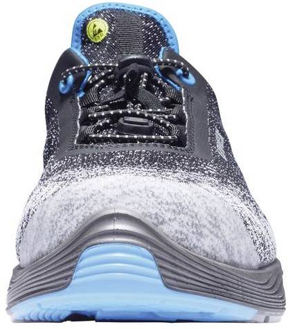 Front view of a sports trainer with grey and blue design, black laces, and padded tongue.