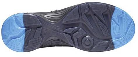 The sole of a sports shoe with blue and black areas, displaying a complex tread pattern for enhanced grip and cushioning.