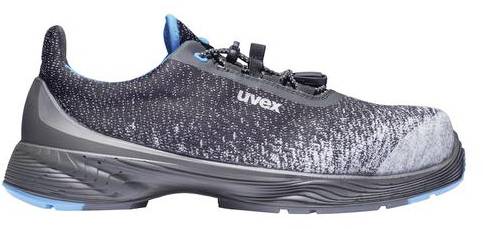 A black safety shoe with grey and blue accents and a uvex logo on the side. The shoe features a hard-wearing sole.
