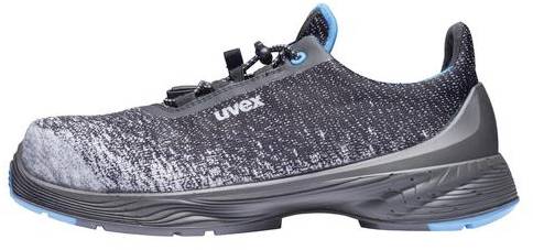 Black and grey safety shoe with blue accents and pull-on closure.