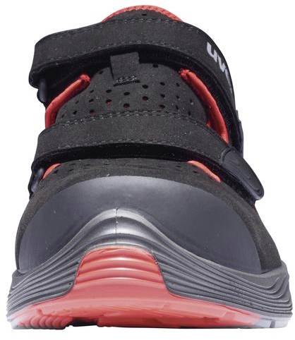 Black and red sports shoe with two touch-fastening straps and a treaded sole, photographed from the front.