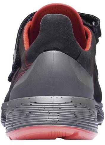 Black sports trainer viewed from behind, with red inner lining and rounded sole, suitable for running or fitness activities.