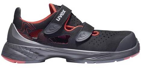 A black work shoe with red accents and hook-and-loop fastenings, shown from the side, displays the UVEX logo.