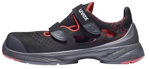 A black work shoe with red accents and a touch-and-close fastening, suitable for industrial use and providing protection and comfort.