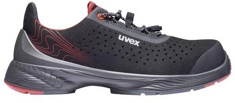 Black safety shoe with red inner lining and perforated surface. Brand name 'uvex' visible on the side.