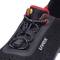 A black safety shoe with red details, with the brand name 'uvex' visible. The shoe features a quick-lace system and a perforated surface.