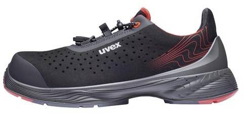 Black uvex work shoe with red accent, non-slip sole and robust design for safe industrial use.