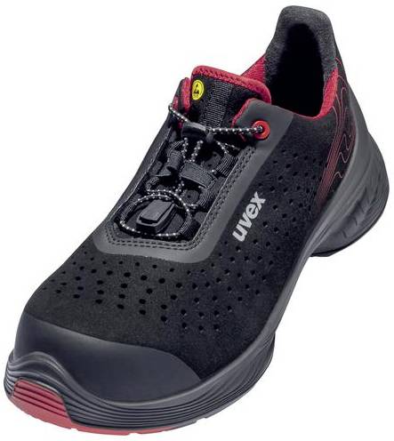 Black safety shoe with red accents. Perforated upper material, reinforced toe cap and non-slip sole. Brand 'Uvex'.