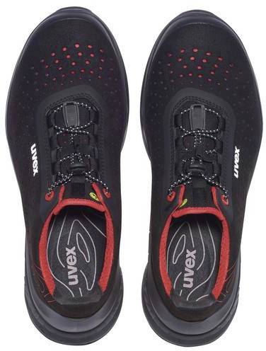 A pair of black sports trainers viewed from above, with red accents and the 'uvex' branding on the tongue.