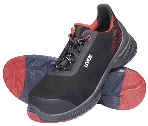 A pair of black safety shoes with red soles. The 'Uvex' brand is visible on the side.
