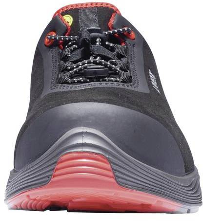 A black sports trainer with a red sole is shown from the front. The shoe features a distinctive lacing system.