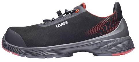 Black safety shoe with red accents, 'uvex' brand name visible; the shoe has a sturdy sole and laces with a quick-release fastening.