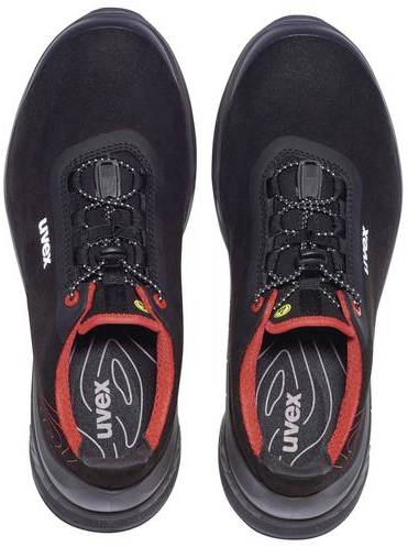 Black safety shoes with red inner lining and laces, 'uvex' brand name visible.