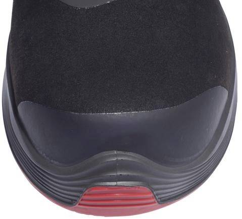 Pictured is a close-up of a black sports trainer with a slightly curved sole and a red accent at the heel.