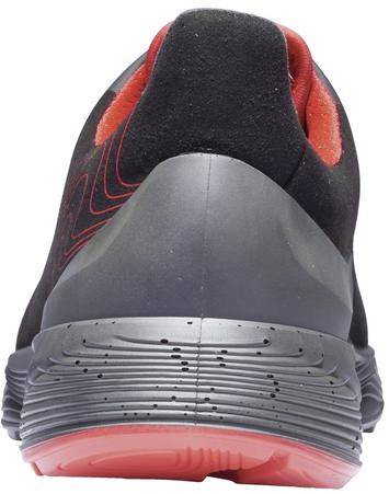 Rear view of a black sports shoe with a red and grey sole. The upper layer features red accents inside the shoe.