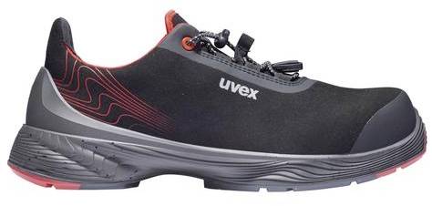 Black safety shoe with red accent and robust sole, brand 'uvex'. Designed for workplace protection and comfort.