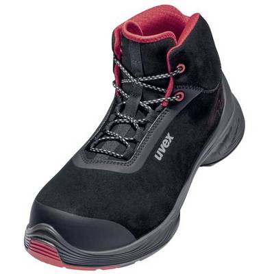 Black safety boots with red inner lining and white 'uvex' logo on the side.