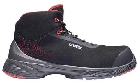 A black safety shoe with red inner lining and red accents, brand 'Uvex', suitable for industrial use.
