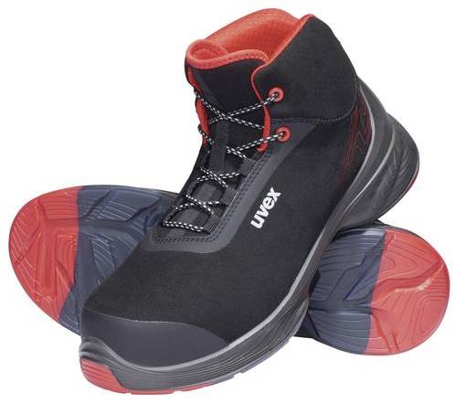 Black and red safety shoes with non-slip sole, suitable for industrial environments.