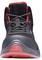 Black and red work boot with robust toe cap and padded sole. Laces made from reflective material. Ideal for workplace safety.