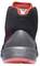 A black sports trainer viewed from behind, with red inner lining and a grey sole.