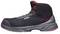 Black safety boots with red inner lining and laces, side view. 'uvex' marking on the side.