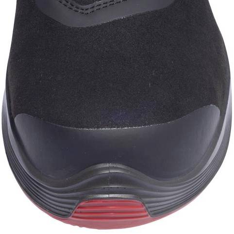 Front view of a black shoe with a red sole.