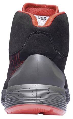 Black shoe with red inner lining and sole, photographed from behind. High-quality, sporty design.