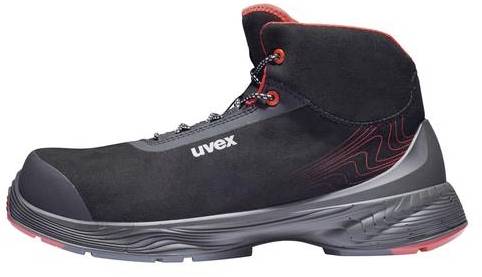 Black safety shoe with red inner lining and distinctive sole tread. 'uvex' is written on the side.