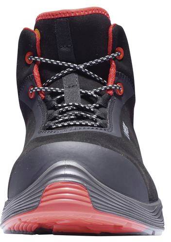 Black and red work boot with non-slip sole, shown at the front. Robust and designed for workplace safety.
