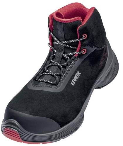 A black safety shoe with red inner lining and robust sole, printed with 'uvex'.