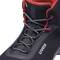A black, ankle-high safety shoe with red inner lining and black and white laces. The 'uvex' brand is visible on the side.